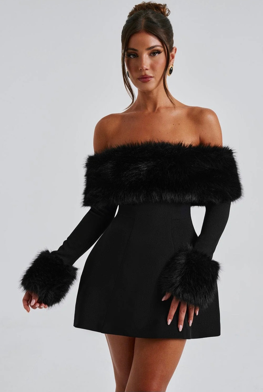 Nwt Babyboo Villanelle Black Mini Dress Faux Fur Trim Bardot Bubble Skirt Xs